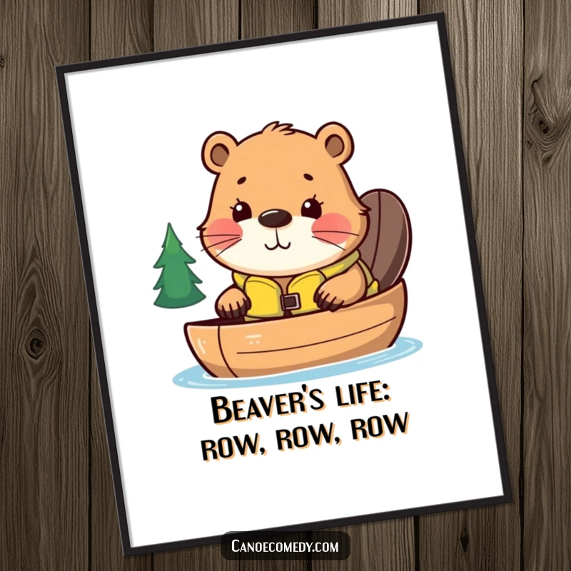 Funny Free Printable Wall Art: Curious kawaii beaver in life jacket peering over canoe edge, artistic and humorous.