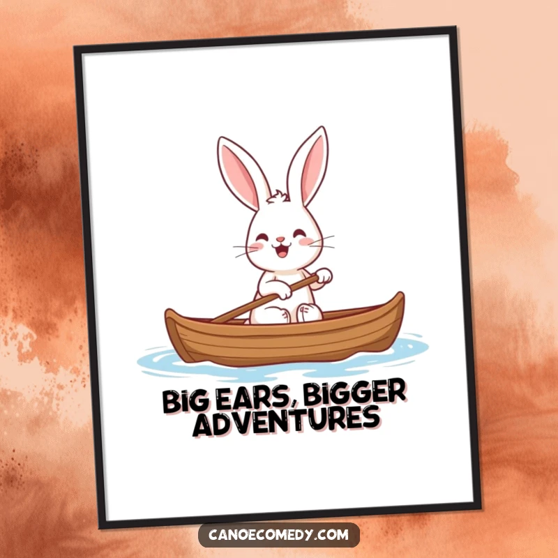 Funny Free Printable Wall Art: A rabbit with large, floppy ears happily paddling a canoe, perfect for whimsical room decor.