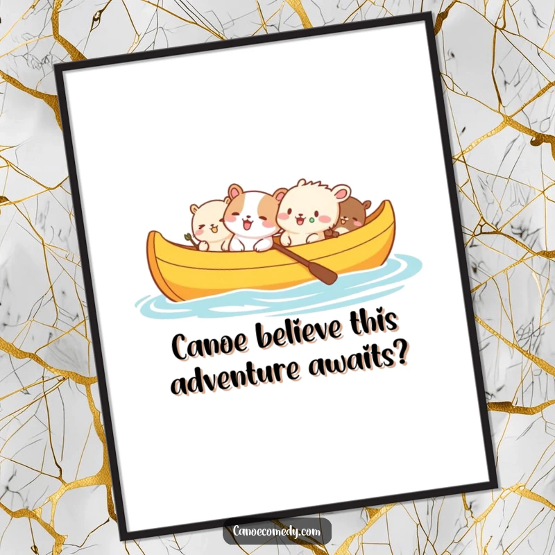Funny Free Printable Wall Art: A canoe packed with giggling animals, radiating pure joy and lightheartedness.