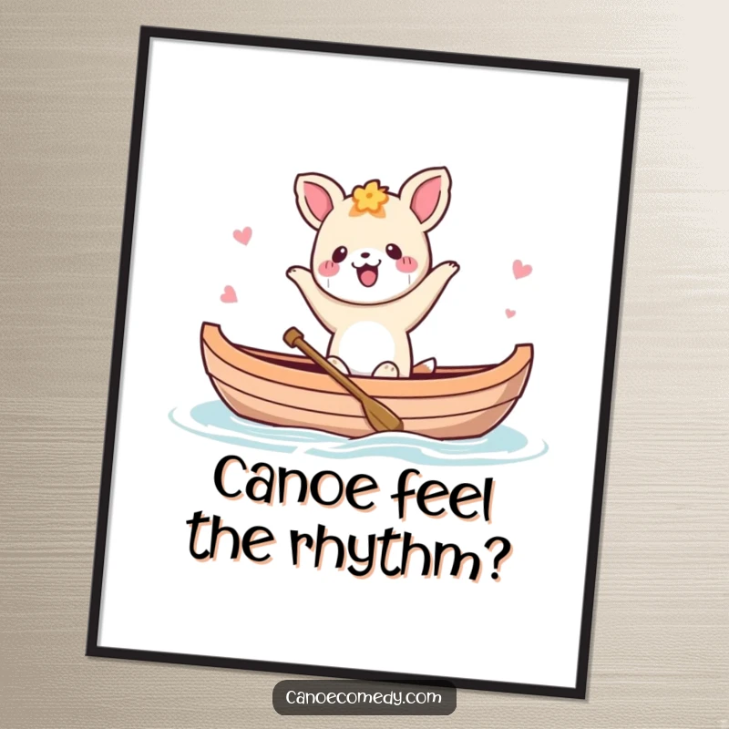 Funny Free Printable Wall Art: Kawaii animal doing an energetic happy dance inside a canoe, radiating pure joy and humor.