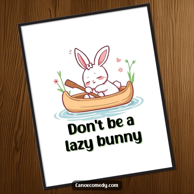 Funny Free Printable Wall Art: A fluffy rabbit peacefully sleeps in a canoe, surrounded by calm water.