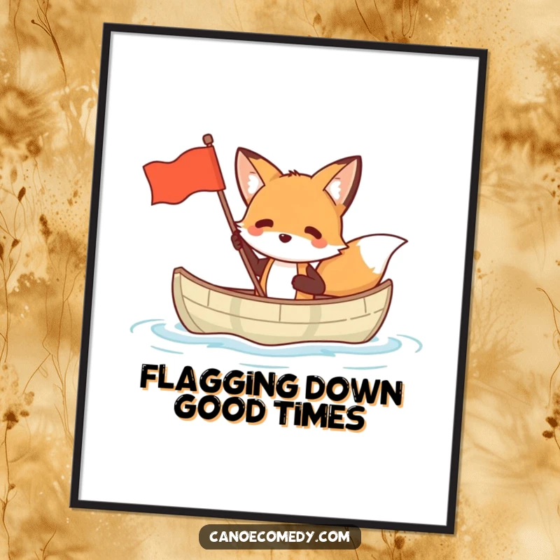 Funny Free Printable Wall Art: A clever fox in a small canoe enthusiastically waves a flag, perfect for adventurous home decor.