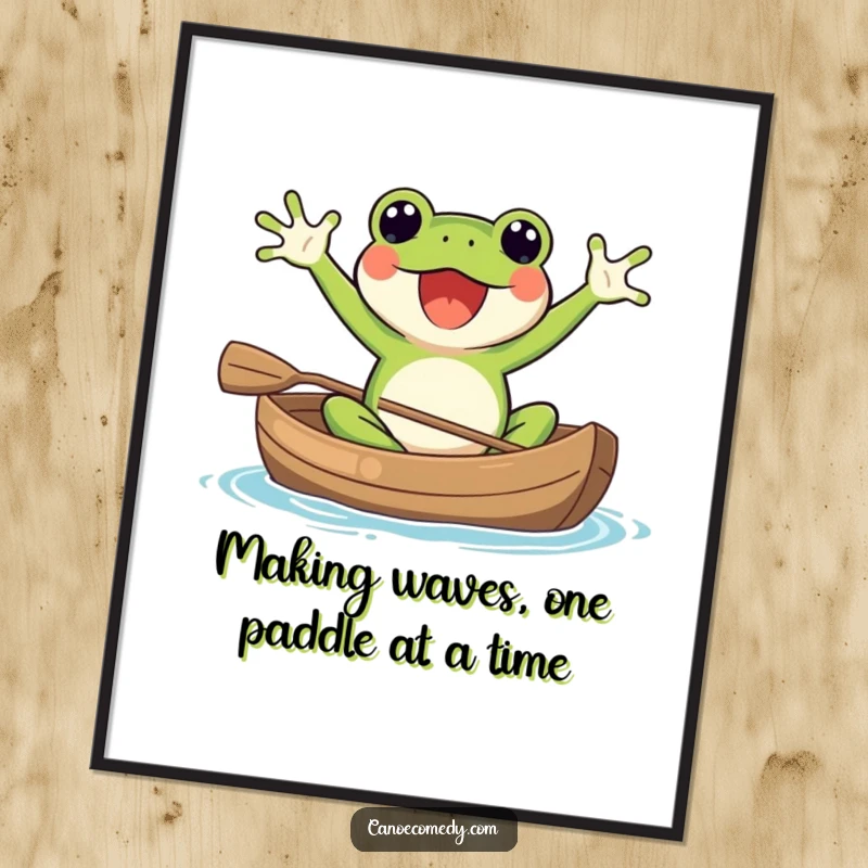 Funny Free Printable Wall Art: Kawaii frog excitedly waving in a canoe, joyful, humorous downloadable decor.