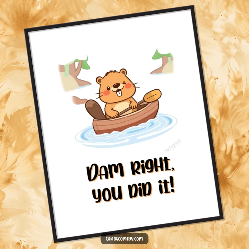 Funny Free Printable Wall Art: A happy beaver with a big smile pushes a canoe through sparkling water.