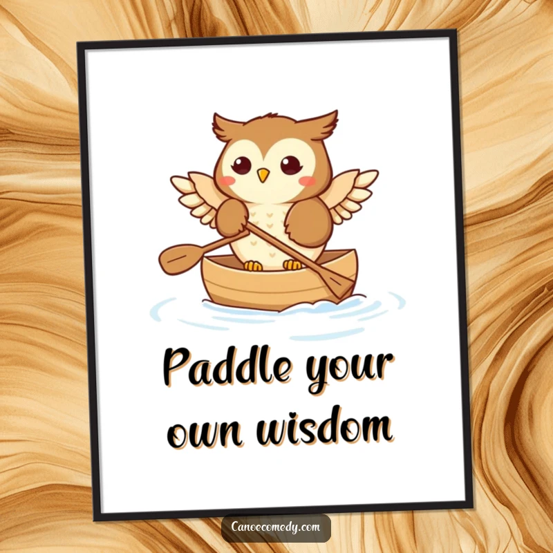 Funny Free Printable Wall Art: A happy owl enjoys a canoe ride, wings gently paddling the water.