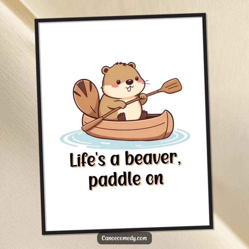 Funny Free Printable Wall Art: Adorable Kawaii beaver paddling a canoe with its tail, perfect for quirky, humorous home decor.