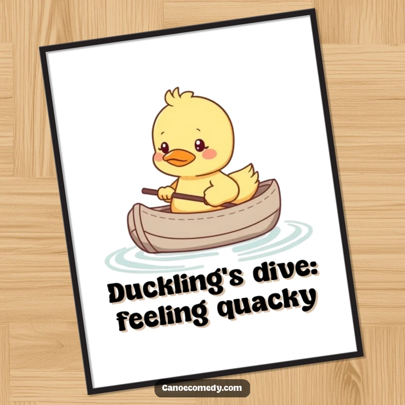 Funny Free Printable Wall Art: Shy kawaii duckling in tiny canoe, looking nervous, artistic and endearing.