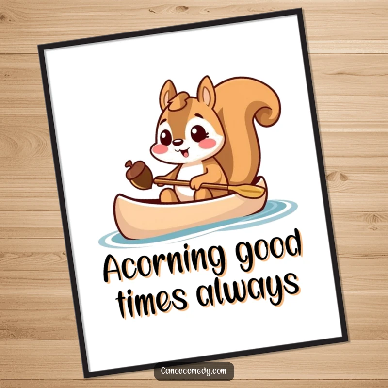 Funny Free Printable Wall Art: Excited squirrel in canoe holding acorn, treasure hunt, joy, happy find, downloadable decor.