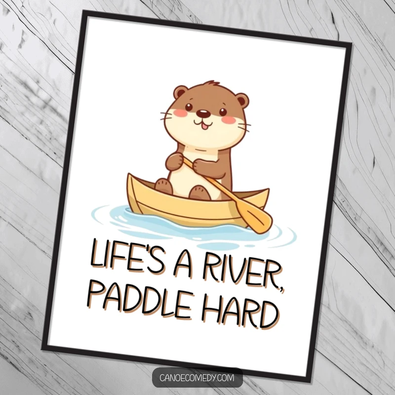 Free Printable Wall Art: A happy kawaii otter in a small canoe, paddling with infectious enthusiasm, perfect for a fun vibe.
