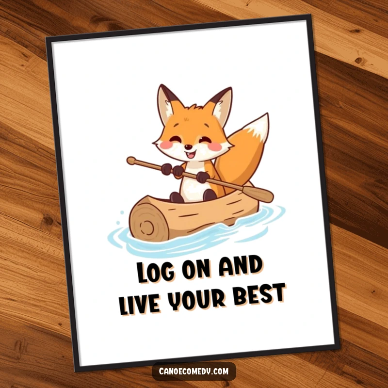 Funny Free Printable Wall Art: A fox with an enormous smile masterfully steering a log canoe, adding charm to any room.