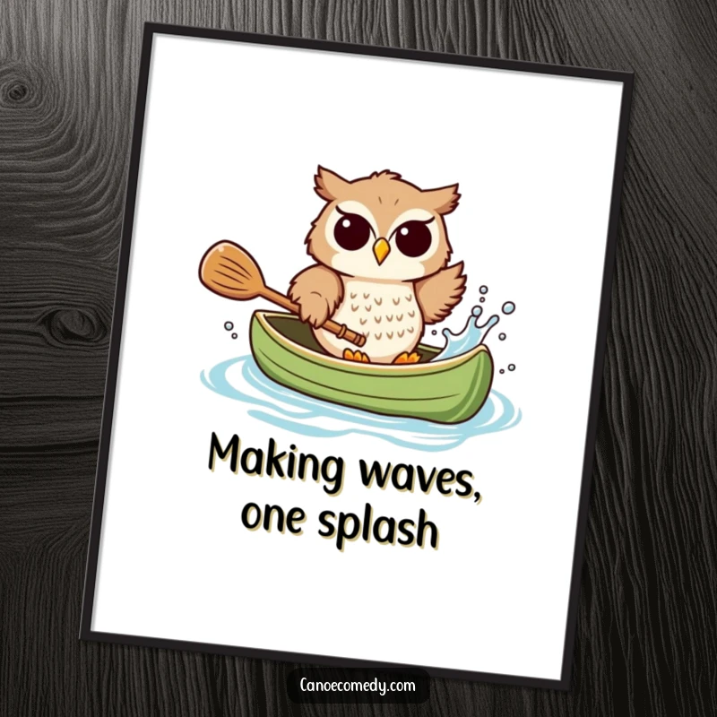 Funny Free Printable Wall Art: Playful owl splashing water from a canoe with a paddle, pure chaotic joy, humorous decor.