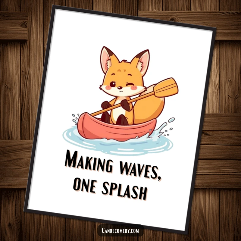 Funny Free Printable Wall Art: Fox playfully splashing water from canoe, energetic, fun, wild vibes, downloadable decor.