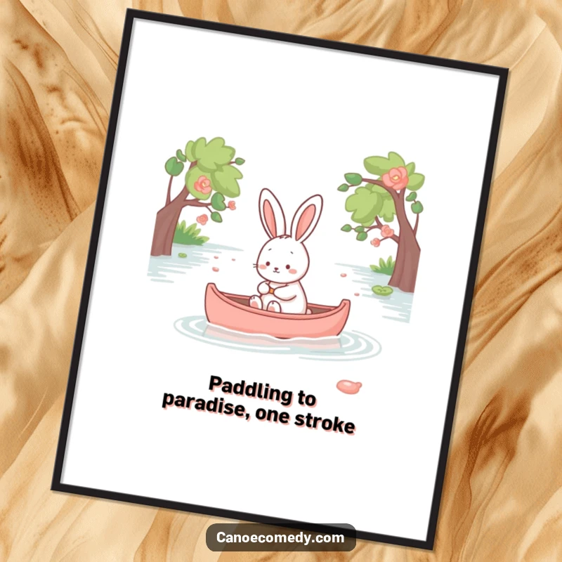 Funny Free Printable Wall Art: Kawaii rabbit serene in canoe, peaceful expression, tranquil scene, downloadable decor.