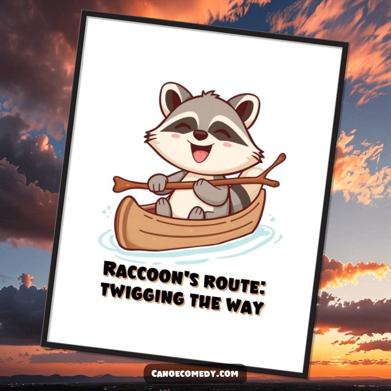 Funny Free Printable Wall Art: Cheerful kawaii raccoon steering canoe with twig, big grin, artistic and fun.