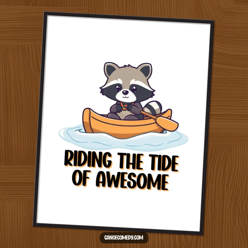 Funny Free Printable Wall Art: Kawaii raccoon navigating canoe through gentle waves, adventure, cute, serene, downloadable decor.