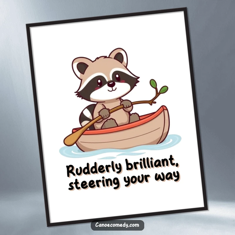 Funny Free Printable Wall Art: Kawaii raccoon steering a canoe with a twig, adventurous, humorous downloadable decor.