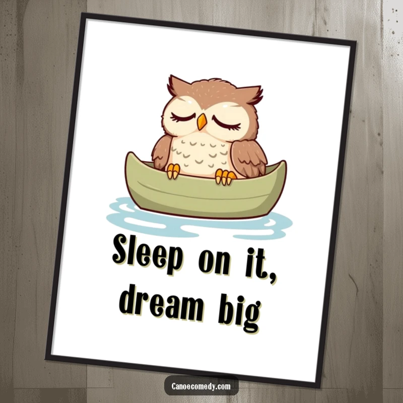 Funny Free Printable Wall Art: Tired owl gently sleeping in a canoe with a peaceful expression, serene humorous decor.