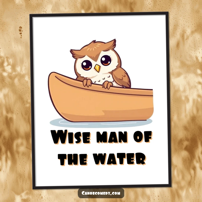 Funny Free Printable Wall Art: A curious owl peeking over the edge of a canoe, intriguing downloadable wall decor.