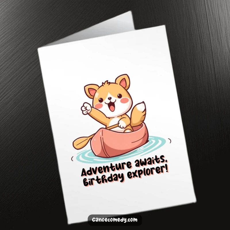 Funny Free Printable Birthday Card: Kawaii animal excitedly pointing forward from a canoe, ready for adventure, bright and cheerful.