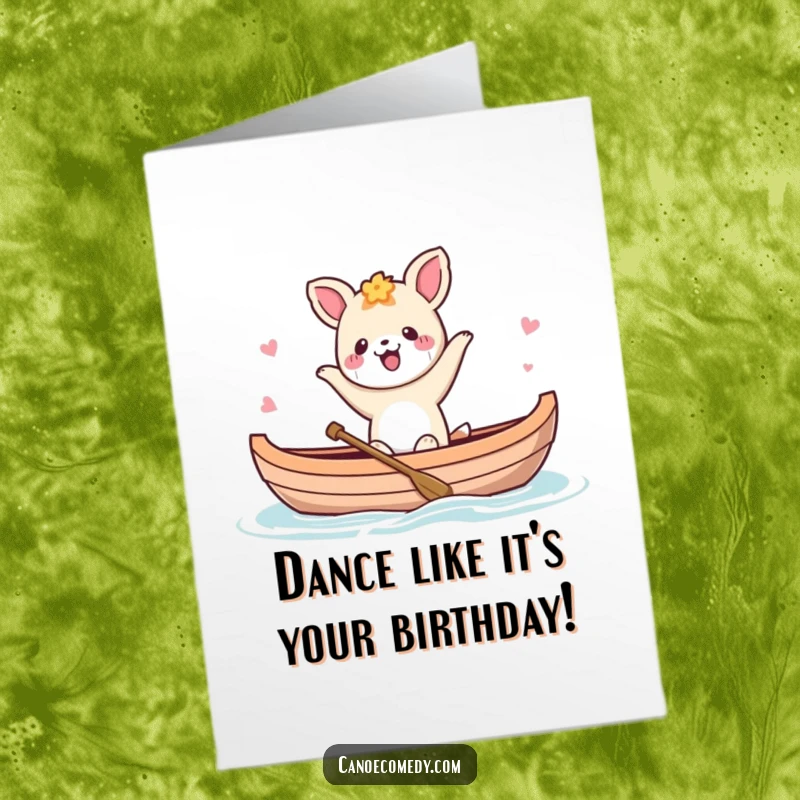 Funny Free Printable Birthday Card: Kawaii animal doing a joyful happy dance inside a canoe, full of energetic glee.