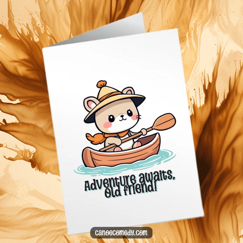 Funny Free Printable Birthday Card: Kawaii animal in a tiny hat looking adventurous while in a canoe.