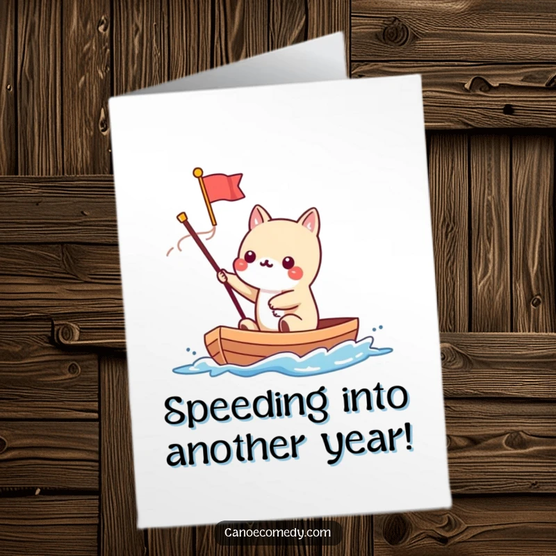 Funny Free Printable Birthday Card: Kawaii animal waving a tiny flag from a speeding canoe, full of adventurous energy.