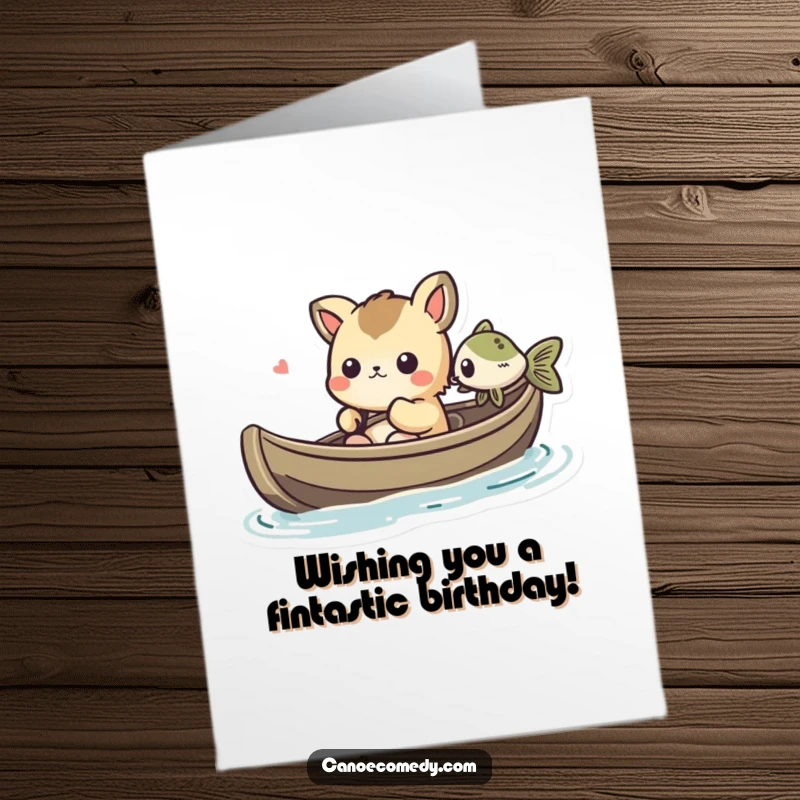 Funny Free Printable Birthday Card: Kawaii animal in a canoe looking amused at a small fish swimming nearby, comical interaction.
