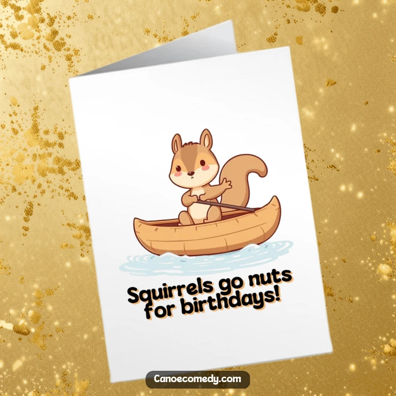 Funny Free Printable Birthday Card: A squirrel hilariously attempts to balance in a wildly rocking canoe, an instant mood lifter.