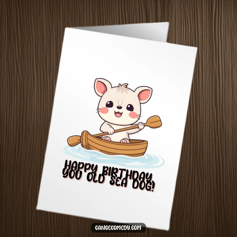 Funny Free Printable Birthday Card: Cheerful animal character paddling a small canoe with a big smile, celebrating a birthday.