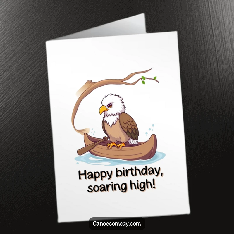 Funny Free Printable Birthday Card: A majestic eagle perched regally in a canoe, surveying the scene.