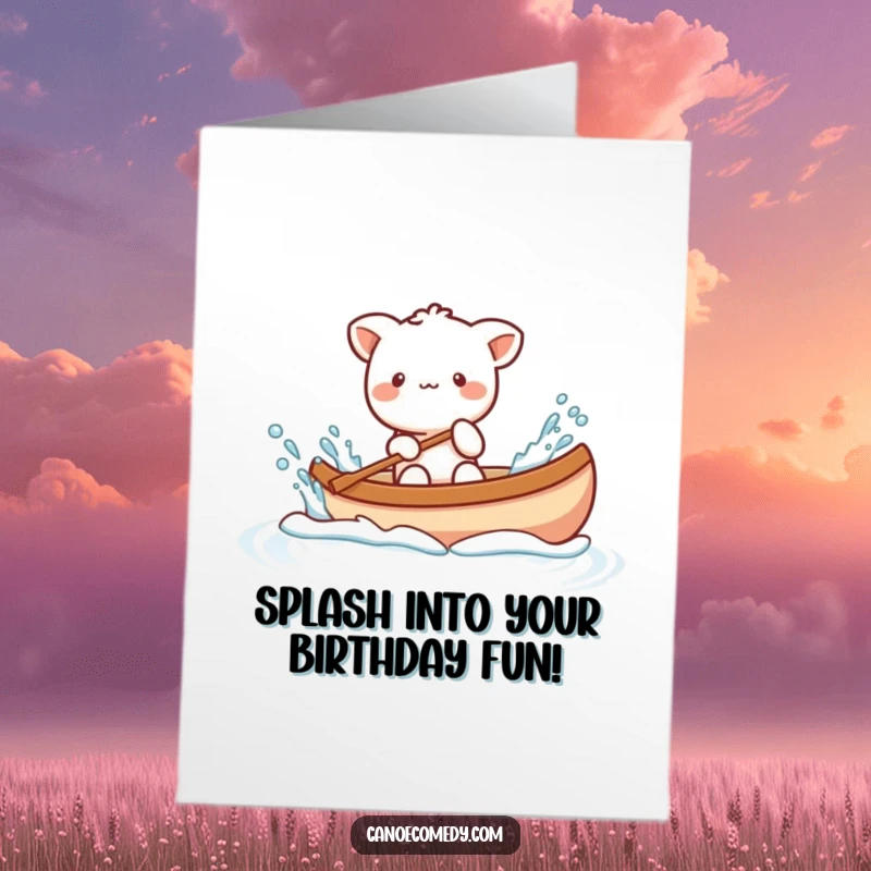 Funny Free Printable Birthday Card: Kawaii animal playfully splashing water from a canoe for a birthday.