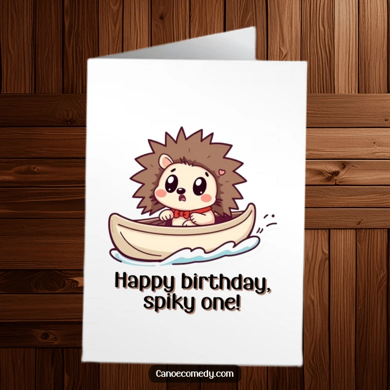 Funny Free Printable Birthday Card: A Kawaii hedgehog looks surprised as its canoe dramatically speeds up.