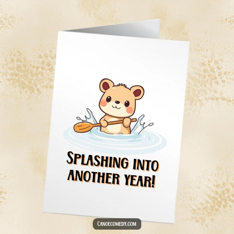 Funny Free Printable Birthday Card: A joyful animal splashing with a paddle in a calm river, ready to celebrate!