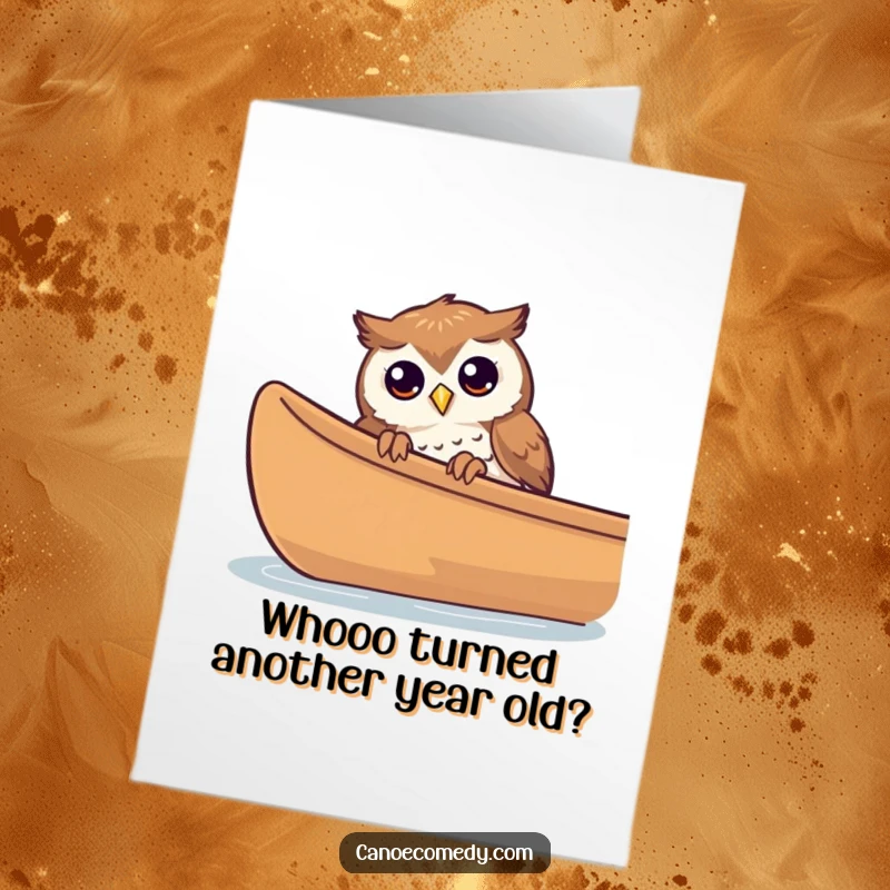Funny Free Printable Birthday Card: A curious owl peeking over a canoe edge, birthday surprise, downloadable gift.