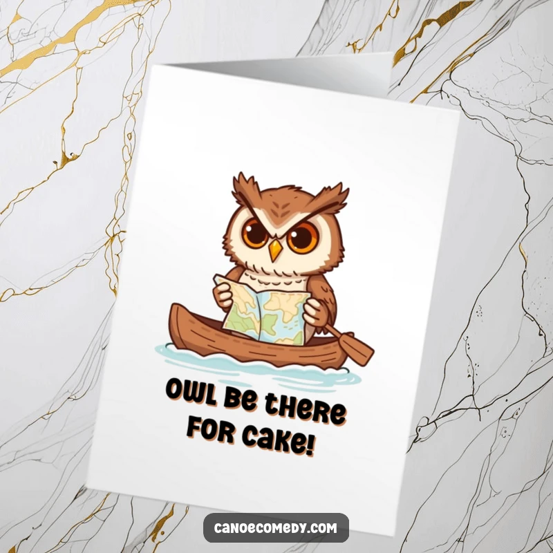 Funny Free Printable Birthday Card: Determined owl balancing a map, paddling a canoe with focus, epic DIY gift.