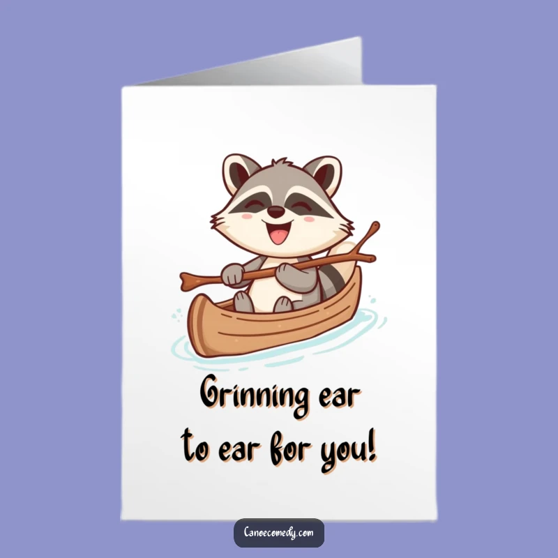 Free Printable Birthday Card: Cheerful Raccoon Canoe Trip Funny Downloadable Gift