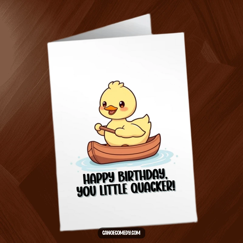 Funny Free Printable Birthday Card: A smiling Kawaii duck paddling happily in a tiny canoe, embarking on a birthday adventure.