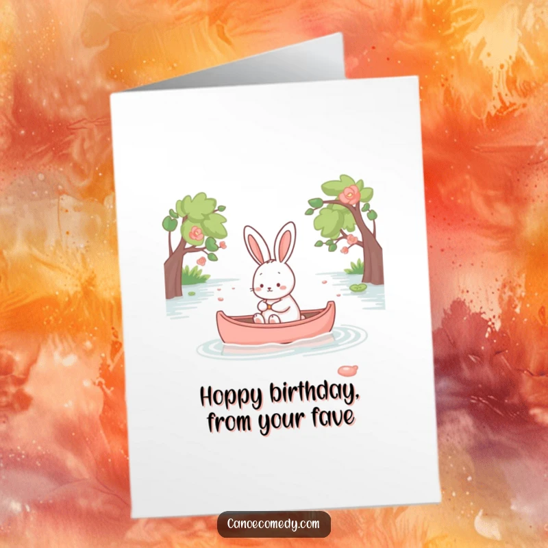 Funny Free Printable Birthday Card: Kawaii rabbit serene in canoe, peaceful expression, zen vibes, downloadable gift.