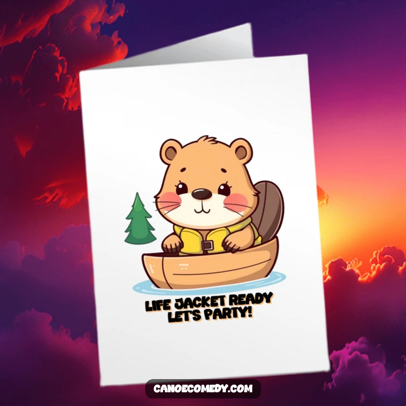Funny Free Printable Birthday Card: Curious kawaii beaver in life jacket peeking from canoe, ready for a laugh.