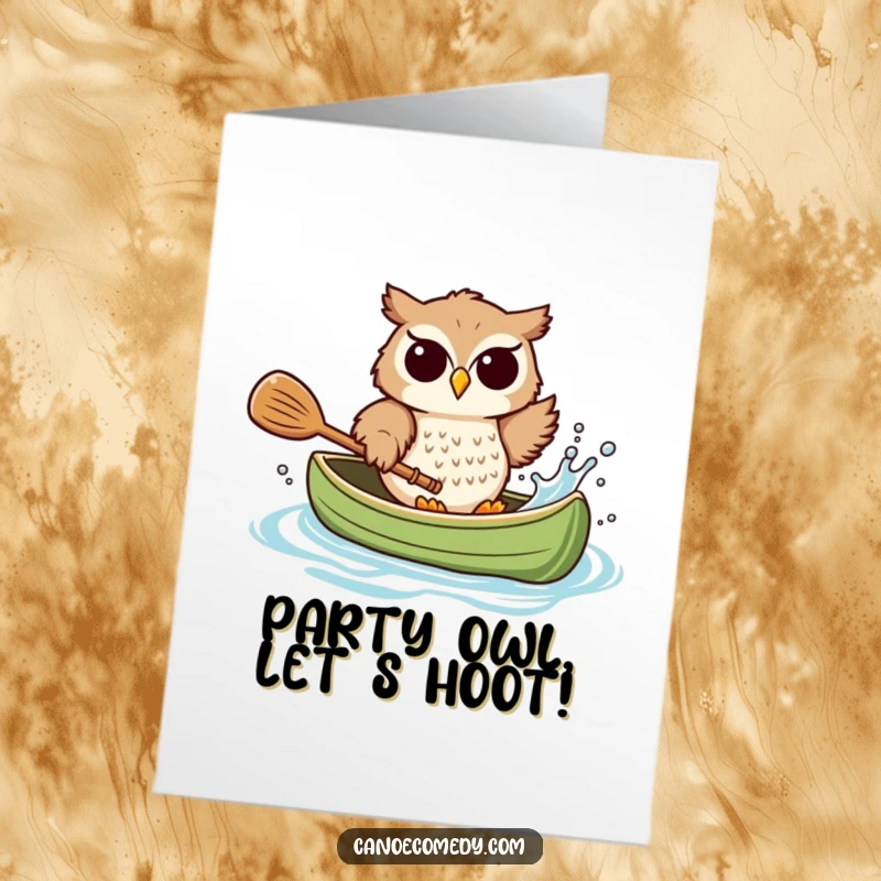 Funny Free Printable Birthday Card: Playful owl splashing water from a canoe with a paddle, pure chaotic fun DIY gift.