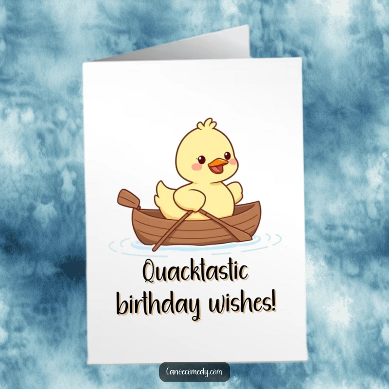 Funny Free Printable Kawaii duck smiling while paddling a tiny canoe on a birthday card.