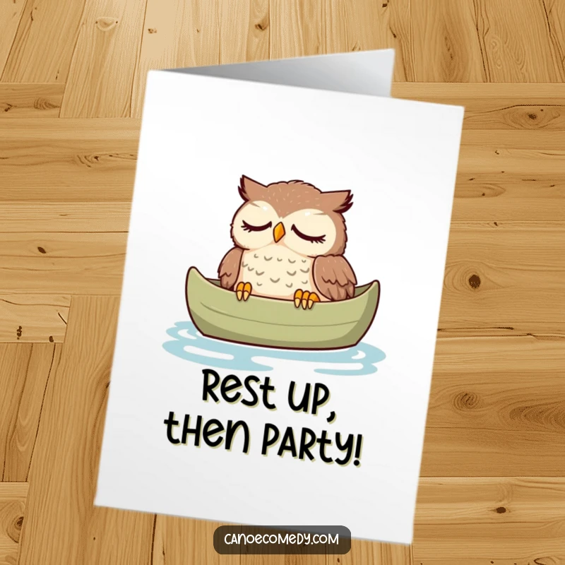 Funny Free Printable Birthday Card: Tired owl gently dozing in a canoe with a peaceful expression, cozy DIY gift.