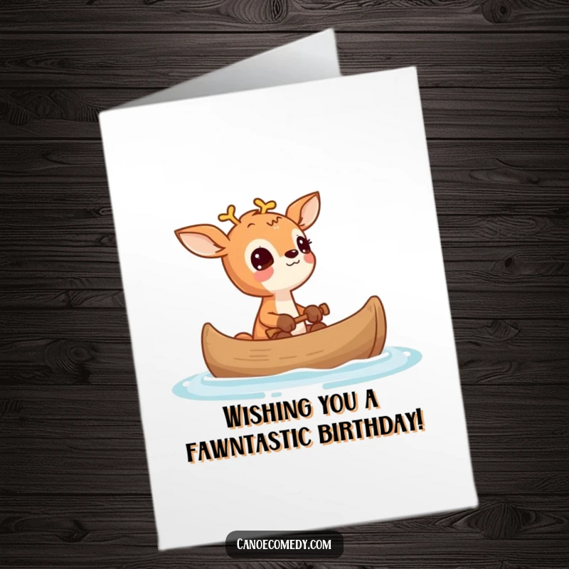 Funny free printable birthday card featuring a small deer in a canoe looking up in wonder, capturing pure joy.