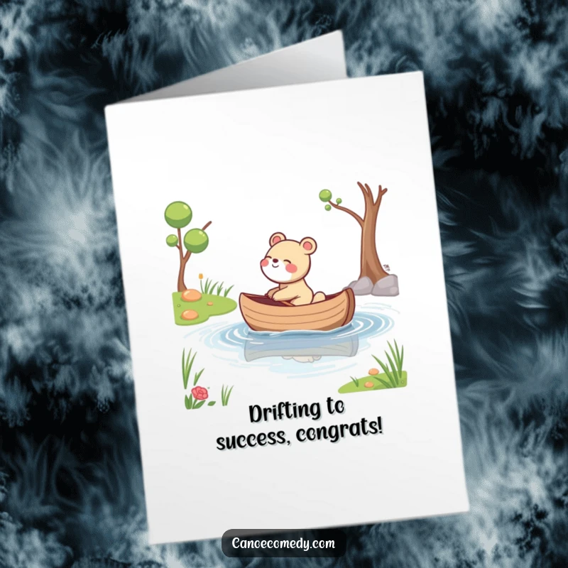 Funny Free Printable Congrats Card: An animal giggling as its canoe drifts down a stream, celebrating good news.