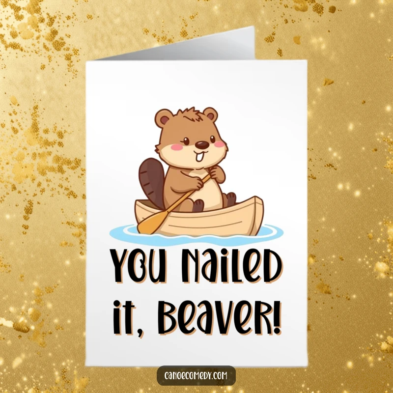Funny Free Printable Congratulations Card: Beaver steering canoe with tail, perfect for celebrating any success.