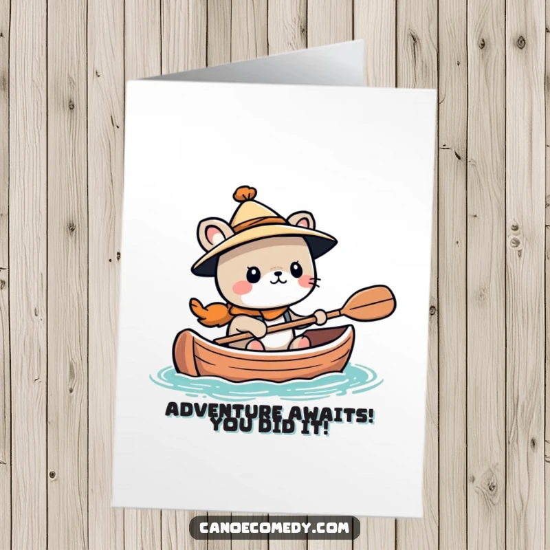 Funny Free Printable Congrats Card: Kawaii animal wearing a hat, looking adventurous steering a canoe.