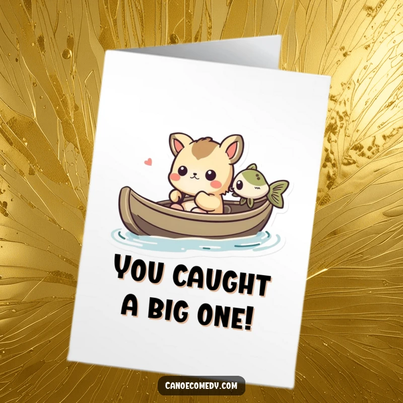 Funny Free Printable Congrats Card: Kawaii animal in a canoe finding amusement in a passing fish, a lighthearted celebration.