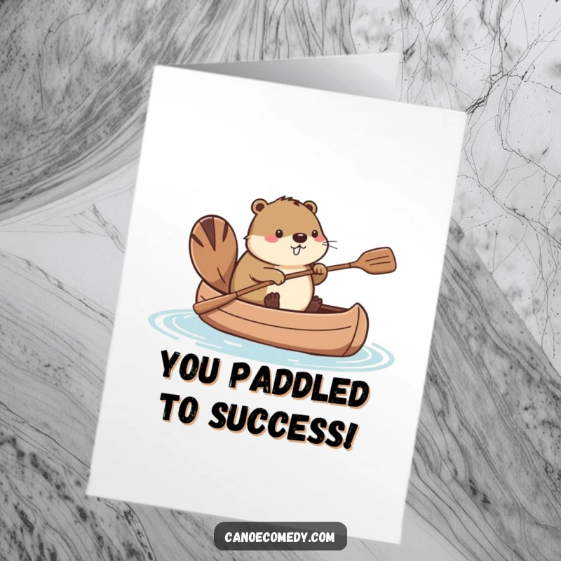 Funny Free Printable Congrats Card: Kawaii beaver in a canoe, tail paddling as a symbol of achievement, great DIY gift.