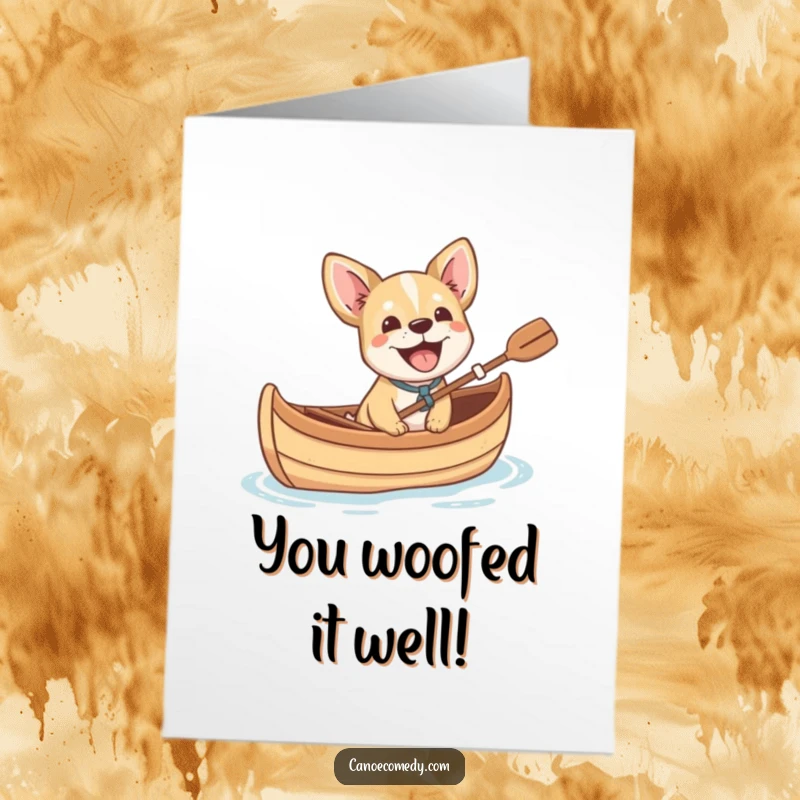 Funny Free Printable Congratulations Card with a small dog joyfully barking from a canoe, celebrating achievements with pure exuberance.