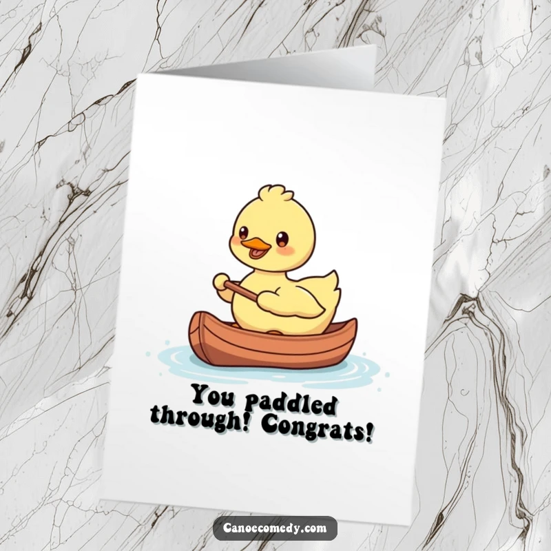 Funny Free Printable Congratulations Card: A cheerful Kawaii duck paddling a tiny canoe with a contented smile, celebrating a successful journey.